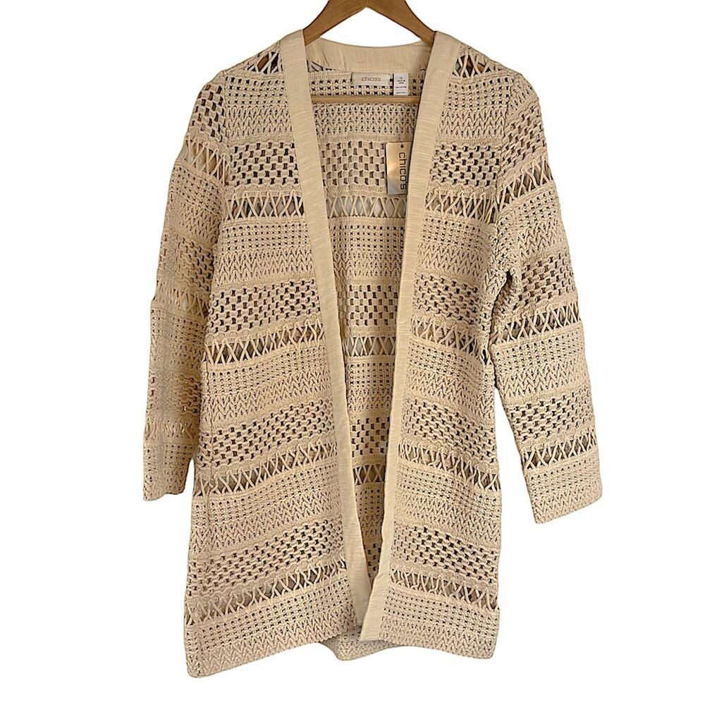 Chico’s Macrame Misty Solid Beige Jacket Sweater … - image 1